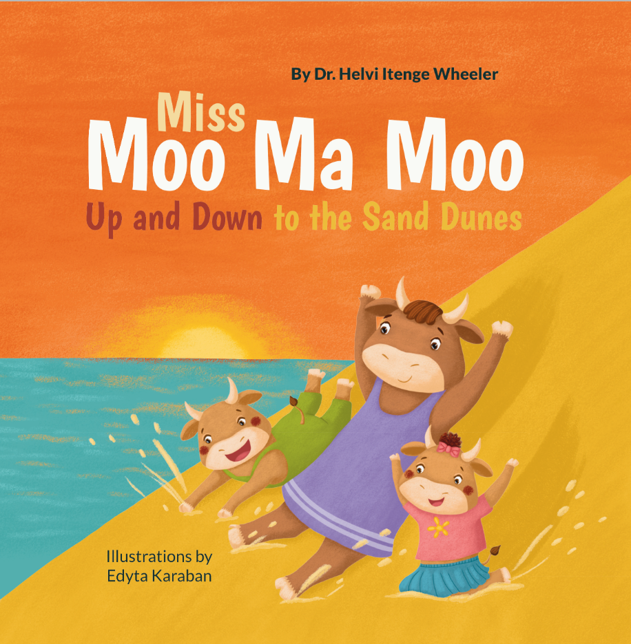 Cover of Miss Moo Ma Moo: Up and Down to the Sand Dunes, a smiling cow climbing a sand dune